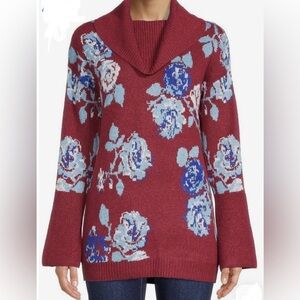 NWT The Pioneer Woman Burgundy and Blue Floral Cowl Neck Sweater